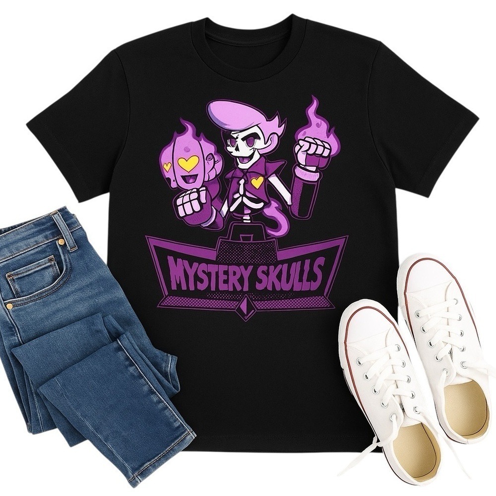 Mystery Skulls Purple Graphic Band Tee Black Cotton Shirt M Streetwear Music GUC - Picture 15 of 16